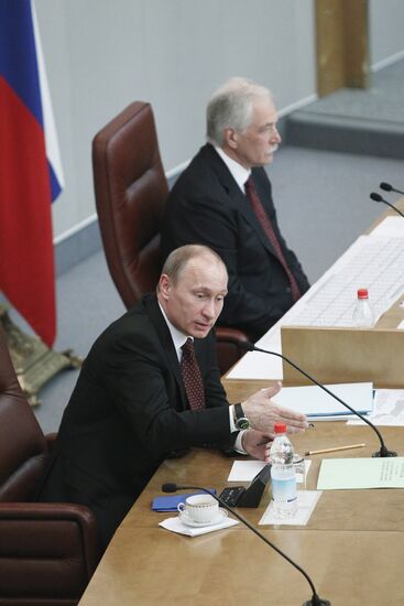 Russian Prime Minister Vladimir Putin at Duma meeting