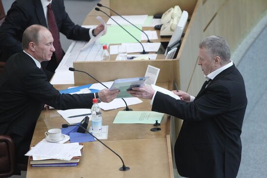 Russian Prime Minister Vladimir Putin at Duma meeting