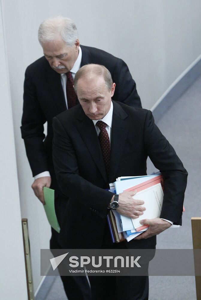 Russian Prime Minister Vladimir Putin at Duma meeting