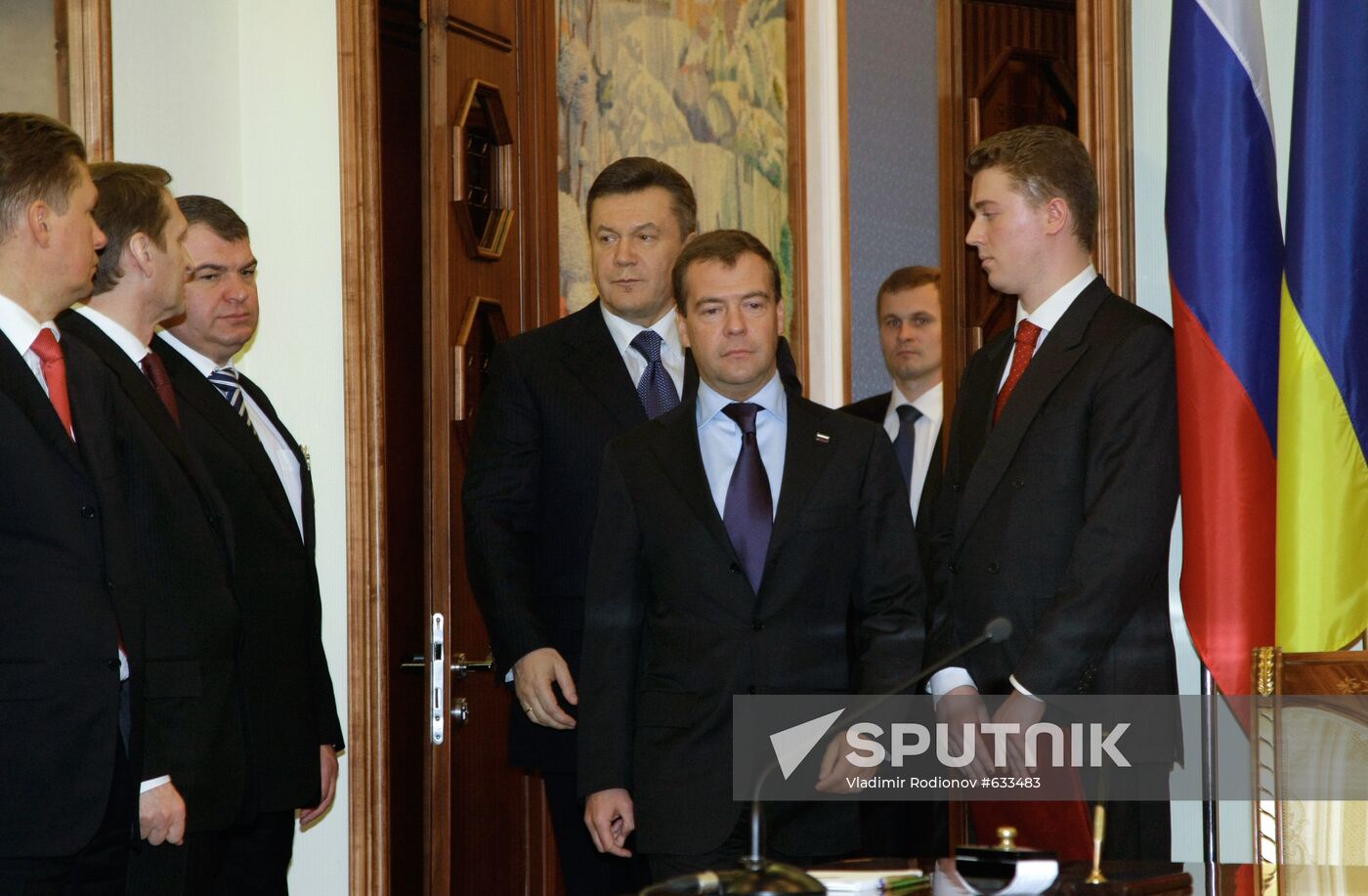 April 21, 2010. Russian President Dmitry Medvedev, front center, and President of Ukraine Viktor Yanukovych, background center, before signing the documents after Russian-Ukrainian talks. From left: Alexei Miller, Gazprom Chairman of the Management Committee, Sergei Naryshkin, head of Kremlin administration, and Anaroly Serdyukov, Russian Defense Minister. Location: Ukraine, Kharkov. Author: Vladimir Rodionov/Sputnik. Dmitry Medvedev visits Ukraine