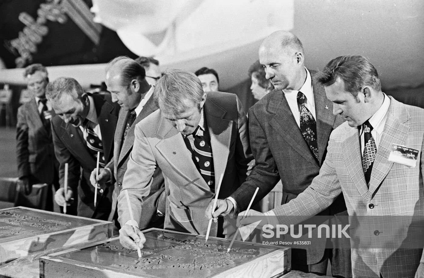 Soviet cosmonauts, crew members of space ship "Soyuz-19" on the visit to the USA