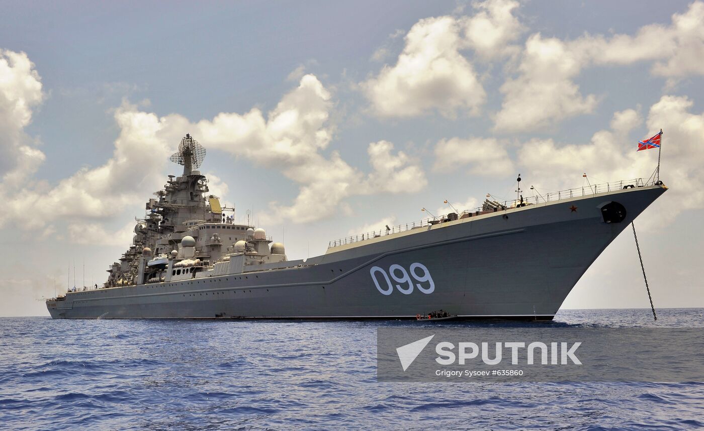 Pyotr Veliky cruiser stands on roadstead