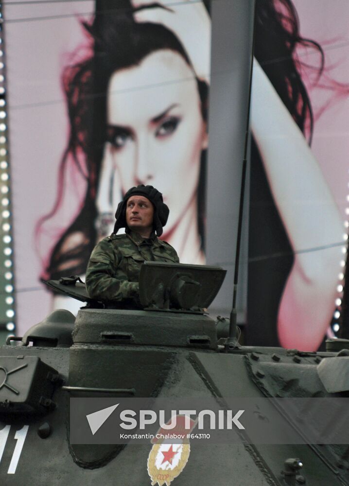 Military equipment moving along Tverskaya Street