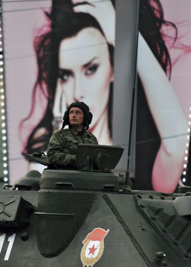 Military equipment moving along Tverskaya Street
