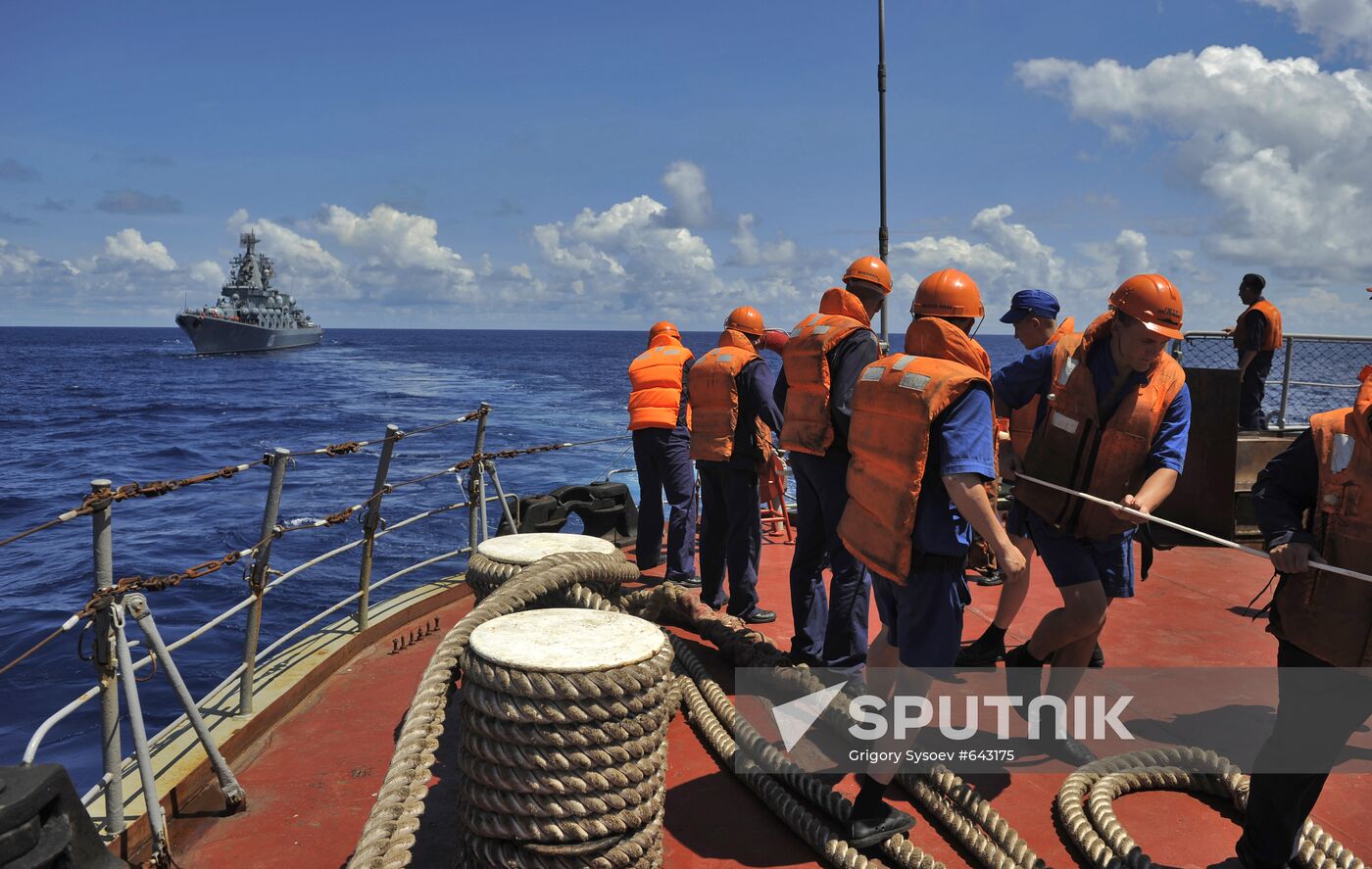 A-cruiser Piotr the Great long distance sea march is going on.