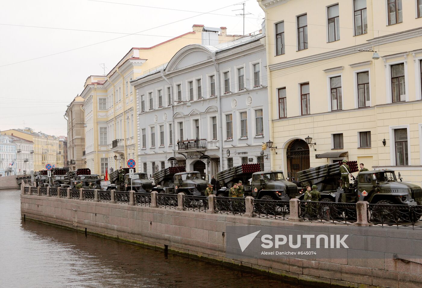 Military weaponry on the Moika River embankment