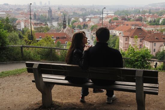 Sweethearts at observation deck in Prague