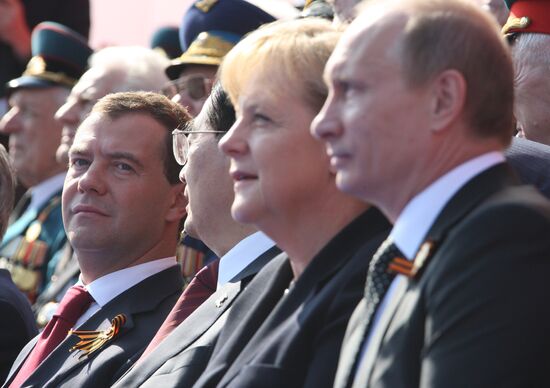 Dmitry Medvedev and Vladimir Putin during Victory Parade