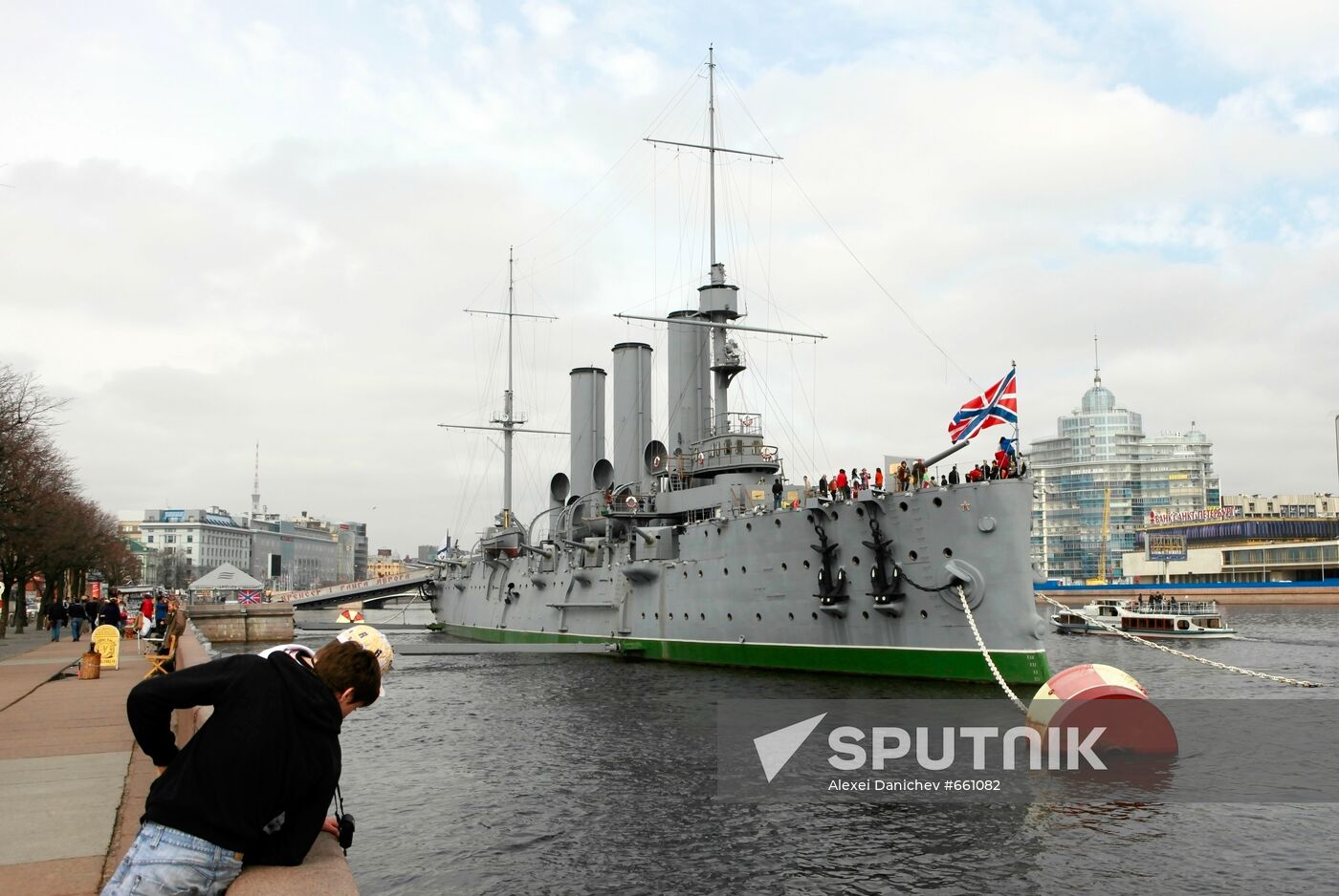 Cruiser Aurora at Petrogradskaya Embankment