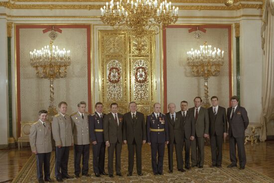 Soyuz T-14 spaceship crew at awarding ceremony in the Kremlin