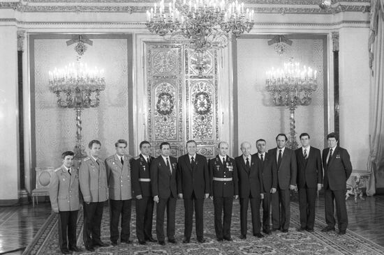 Soyuz T-14 spaceship crew rewarding ceremony of in Kremlin.
