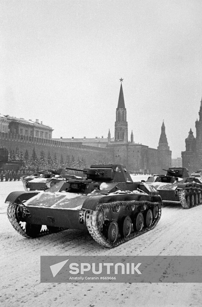 Soviet troops head to front lines after 1941 Red Square parade