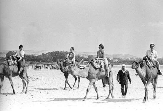Tourists aboard camels