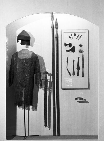 Russian warrior's chain-mail, helmet and weapons