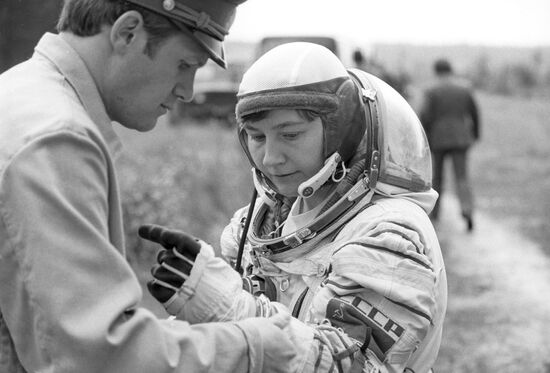 Flight engineer Ekaterina Ivanova prepares to a flight.