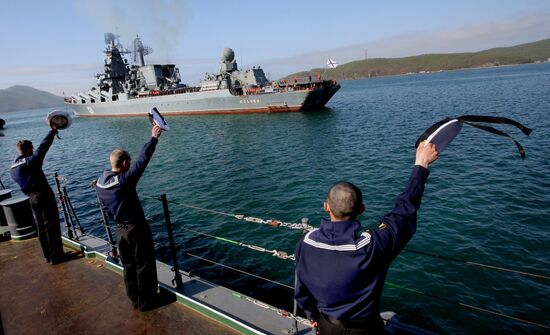 Missile Cruiser "Moskva" is met at Primorye Territory