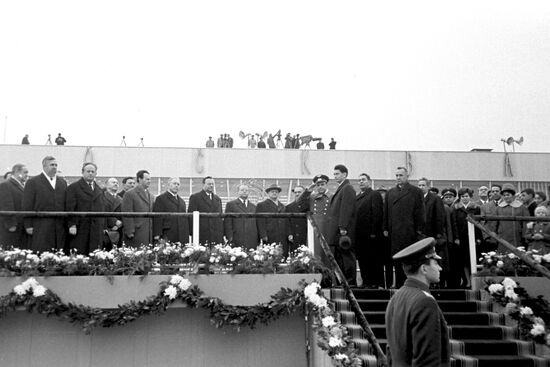 Ceremonial meeting of Voskhod spaceship crew at Vnukovo airport.