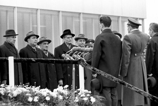 Ceremonial meeting of Voskhod spaceship crew at Vnukovo airport.