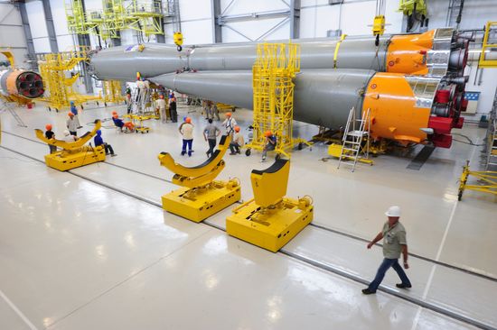 Space rocket assembled at Soyuz integration and launch facility