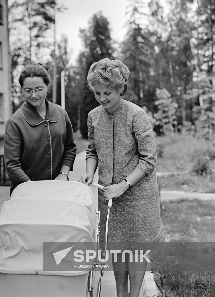 Valentina Gagarina, the wife of cosmonaut Yury Gagarin, and Valentina Bykovskaya