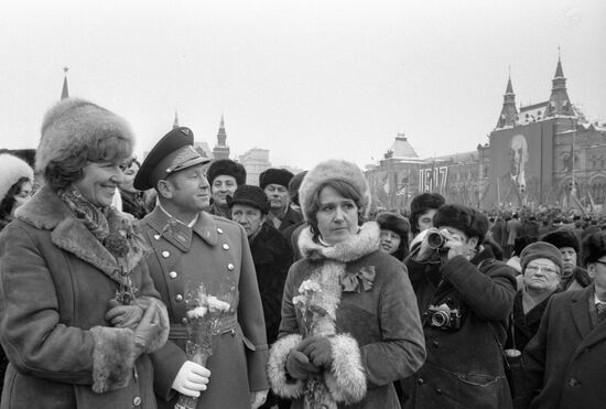 Space pilot Alexei Leonov and announcers Nonna Bodrova and Valentina Leontieva 