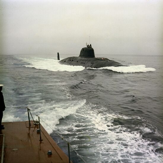 Nuclear-power submarine on training cruise
