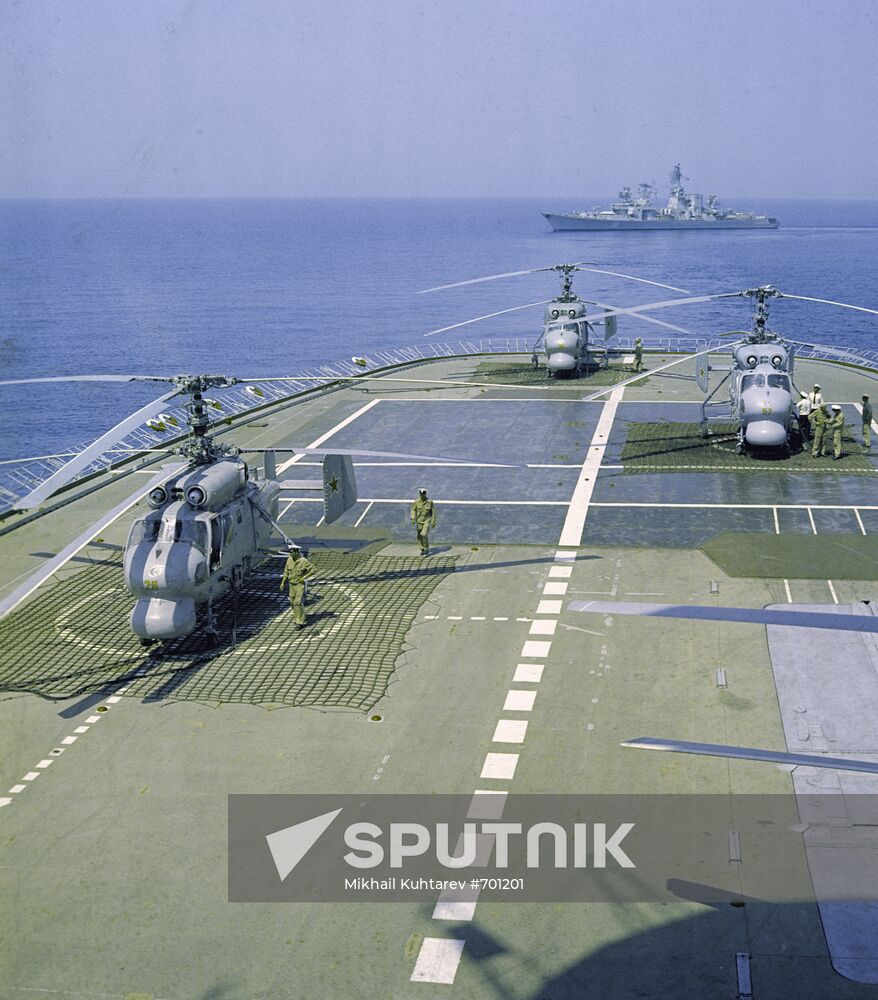 Helicopters on deck of antisubmarine cruiser "Moskva"