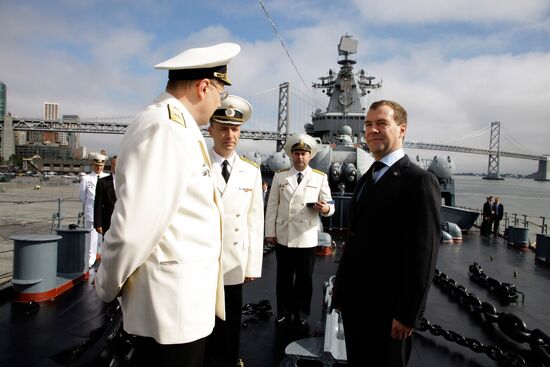 Dmitry Medvedev aboard Varyag missile cruiser