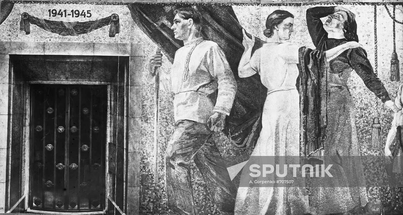 Mosaic picture inside monument of Soviet soldier