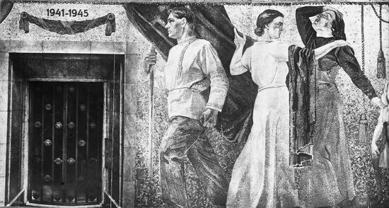 Mosaic picture inside monument of Soviet soldier