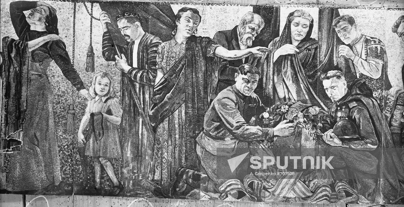 Mosaic picture inside monument of Soviet soldier