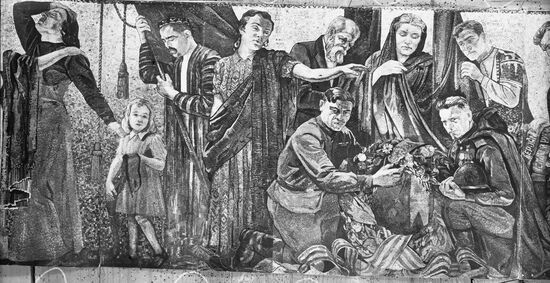 Mosaic picture inside monument of Soviet soldier