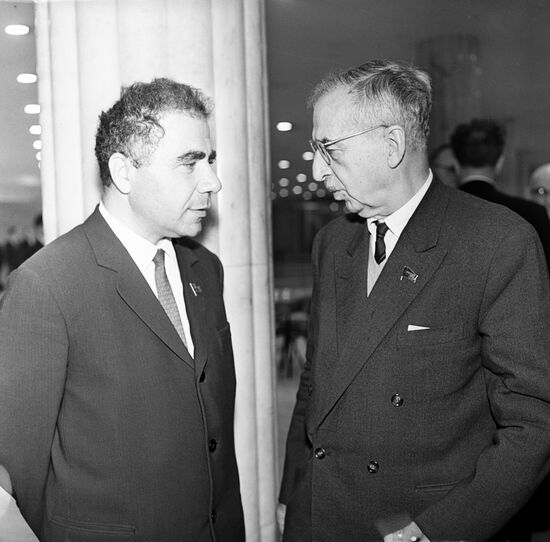 Delegates of CPSU XXII Congress, President of Armenian SSR Academy of Sciences Viktor Ambartsumian and President of Georgian SSR Academy of Sciences Nikolai Mushilishvili