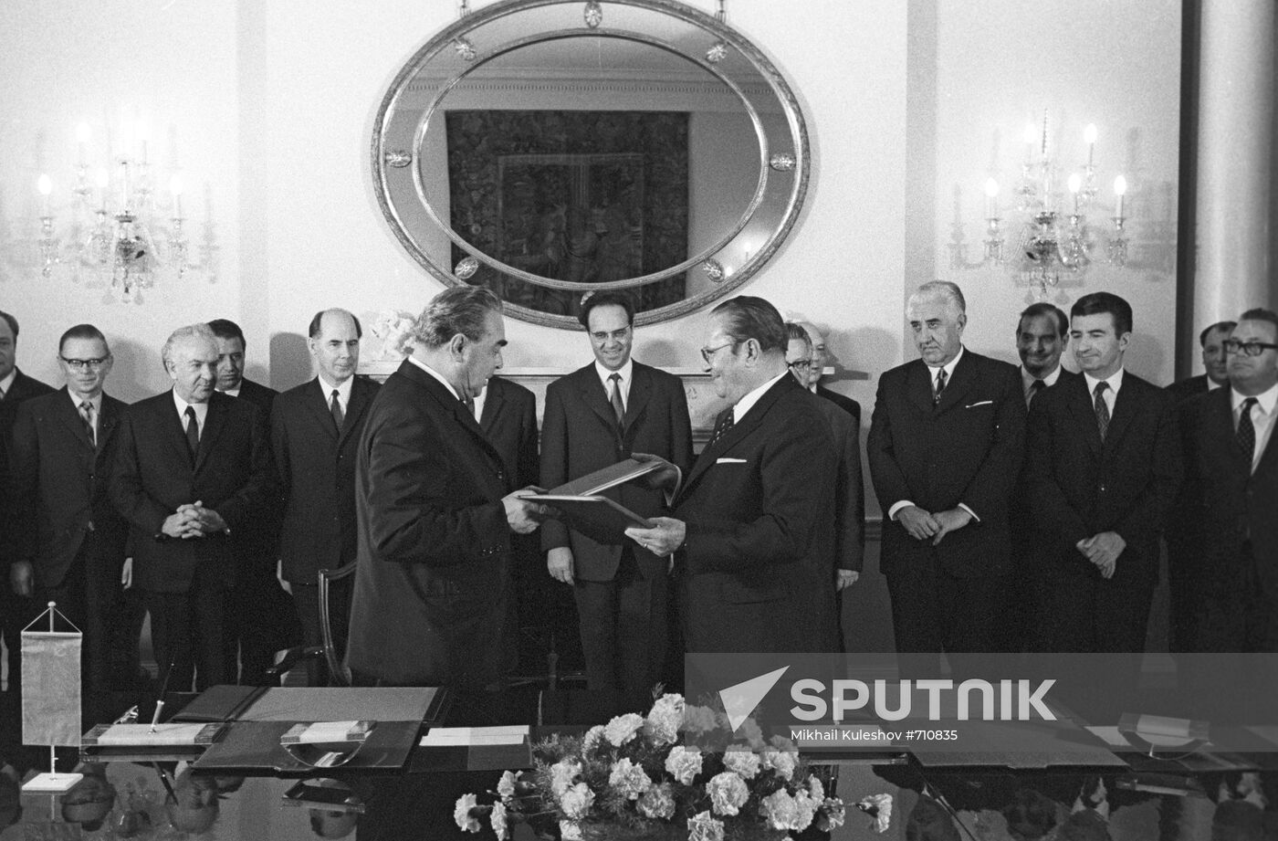 Brezhnev and Tito after signing joint statement