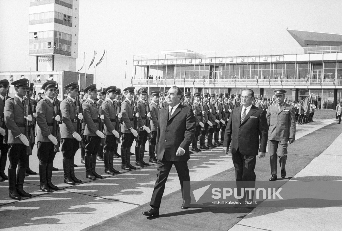 Leonid Brezhnev and Josip Broz Tito at Belgrade airport