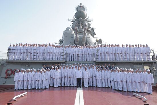 Dmitry Medvedev aboard Pyotr Veliky cruiser