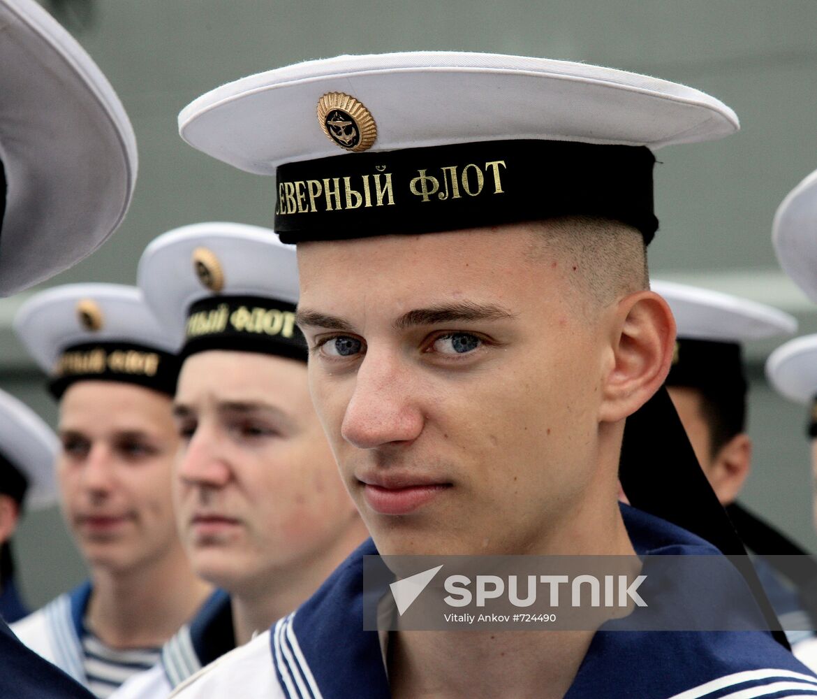 Sailors during farewell ceremony for cruiser "Pyotr Veliky"