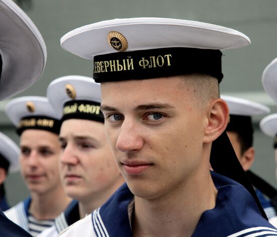 Sailors during farewell ceremony for cruiser "Pyotr Veliky"