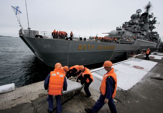 Farewell ceremony as the Peter the Great cruiser sets out