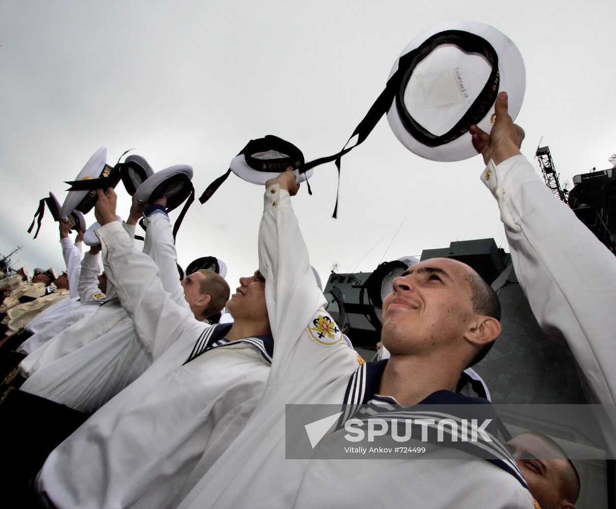 Sailors during farewell ceremony for cruiser "Pyotr Veliky"