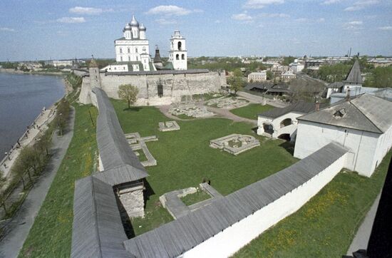View of Pskov Kremlin and ancient Dovmontov Town