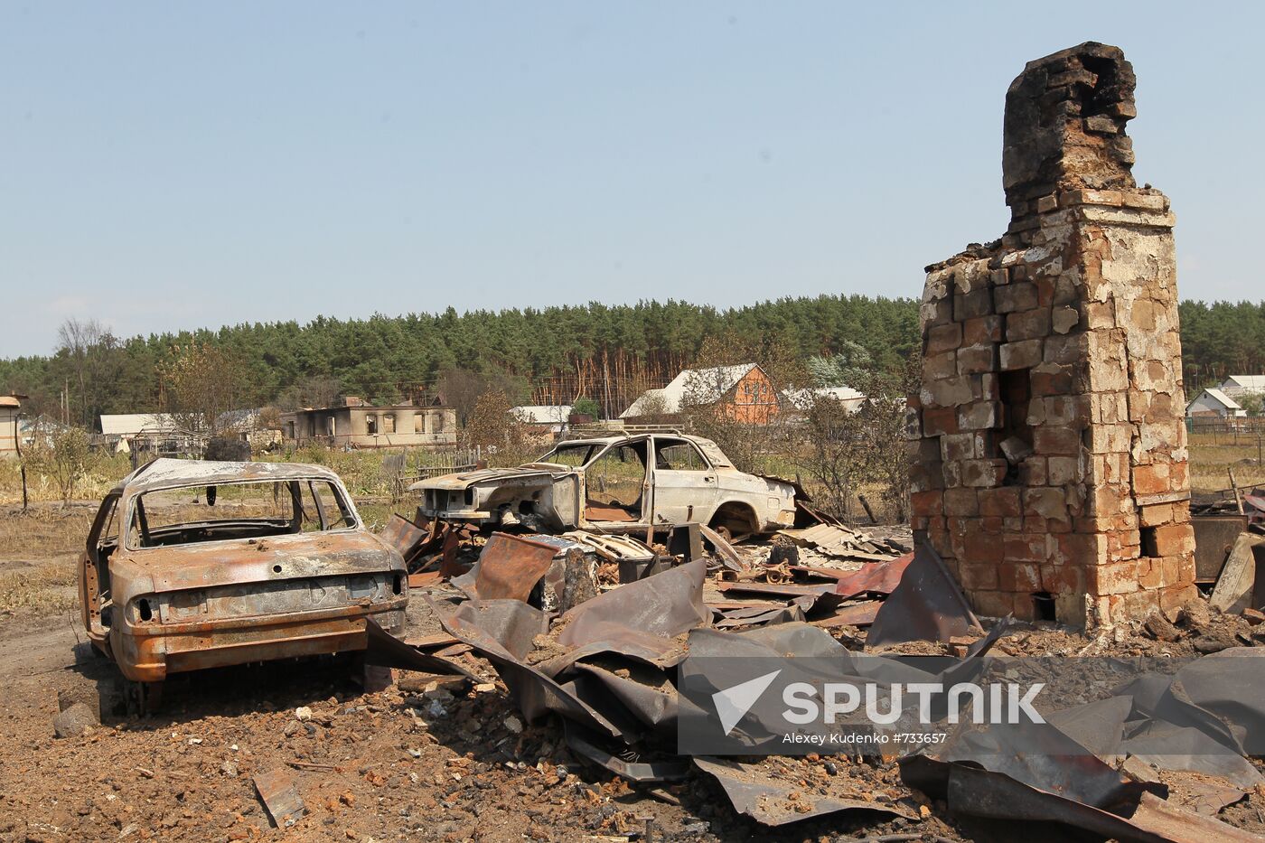 Burnt down houses in Shuberskoye village 10 km from Voronezh
