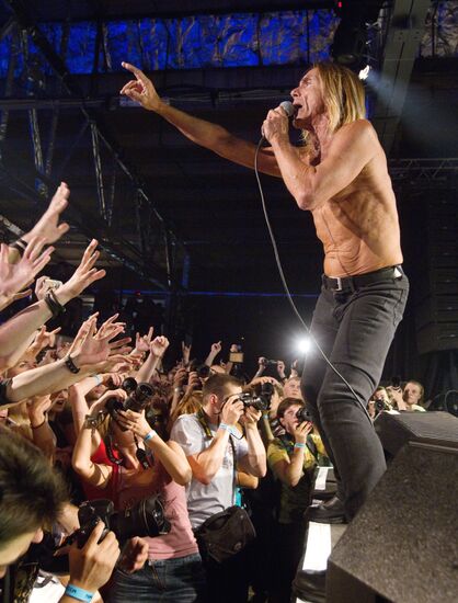 American singer Iggy Pop and his band The Stooges perform live