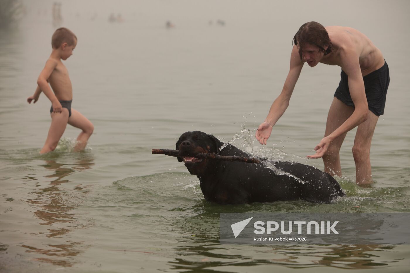 Man bathing his dog in Strogino