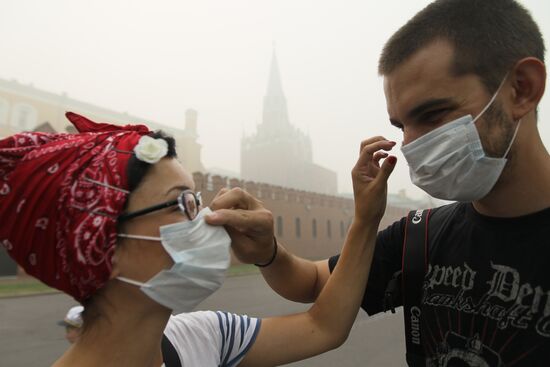Foreign tourists on the territory of the Moscow Kremlin