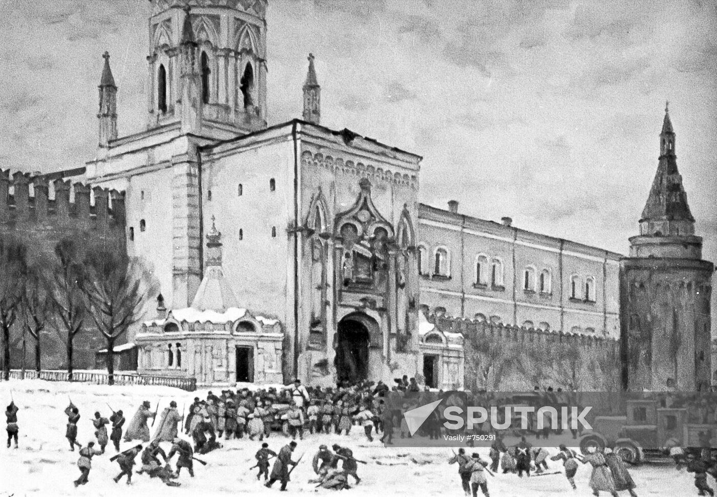 Reproduction of painting "Taking the Kremlin in 1917" by K. Yuon