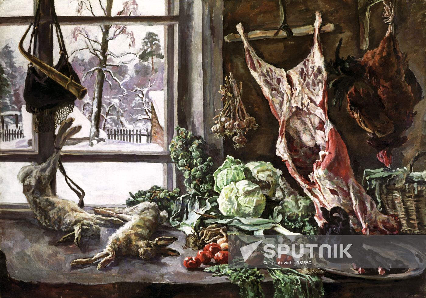 'Meat, Poultry and Brussels Sprouts Against A Window'