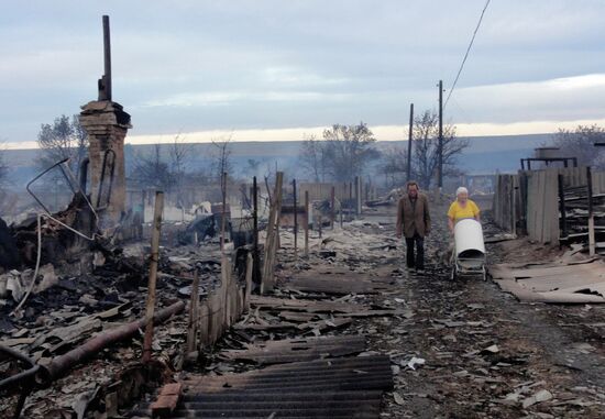 Aftermath of fire in village of Lapshinskaya, Volgograd Region