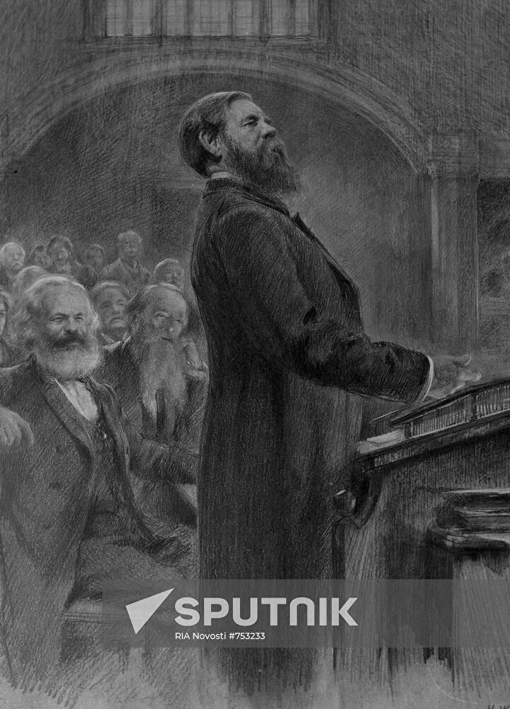 Reproduction of drawing "Speech by Friedrich Engels"