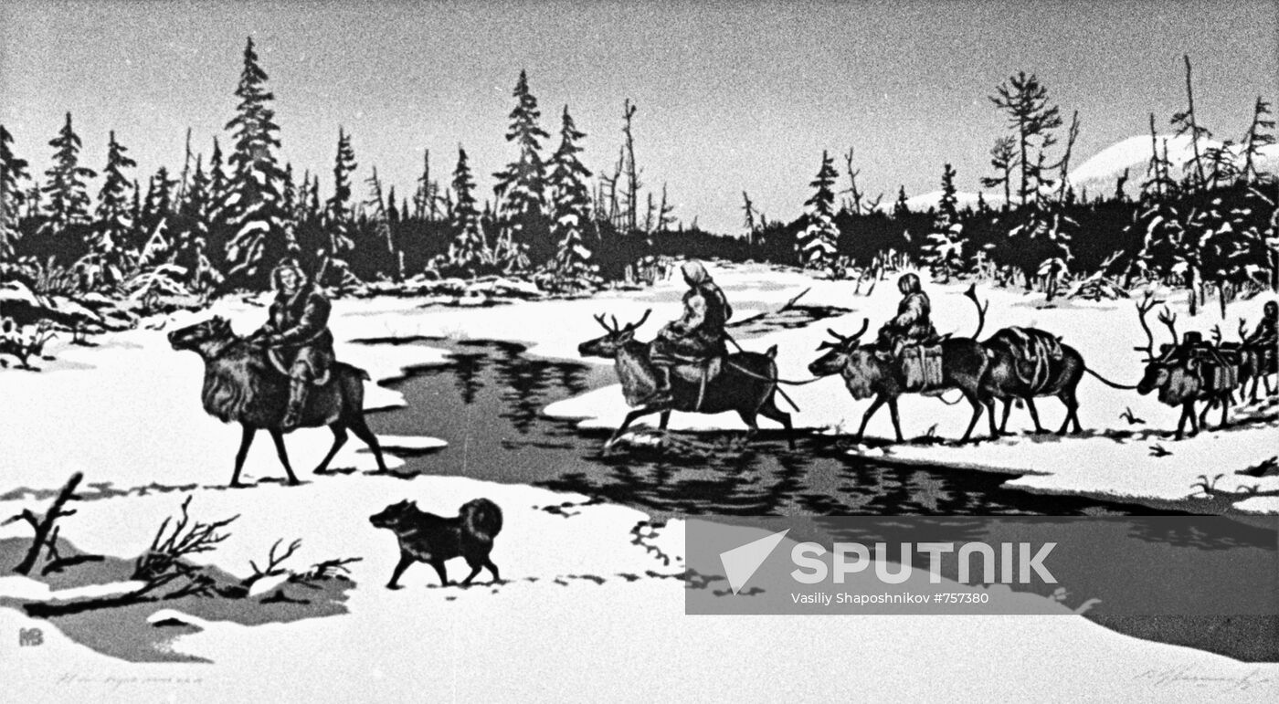 Linocut "To work," by Vladimir Meshkov